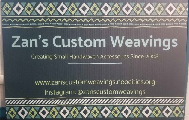 a sign in the same design style as the cards, but it features the name Zan's Custom Weavings and the contact info.